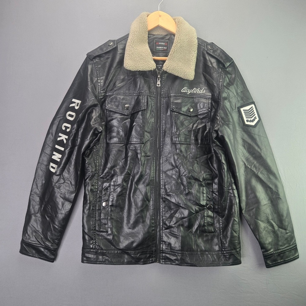 Fashion Man Faux Leather Biker Jacket M Black Sherpa Collar Fleece Lined Moto
